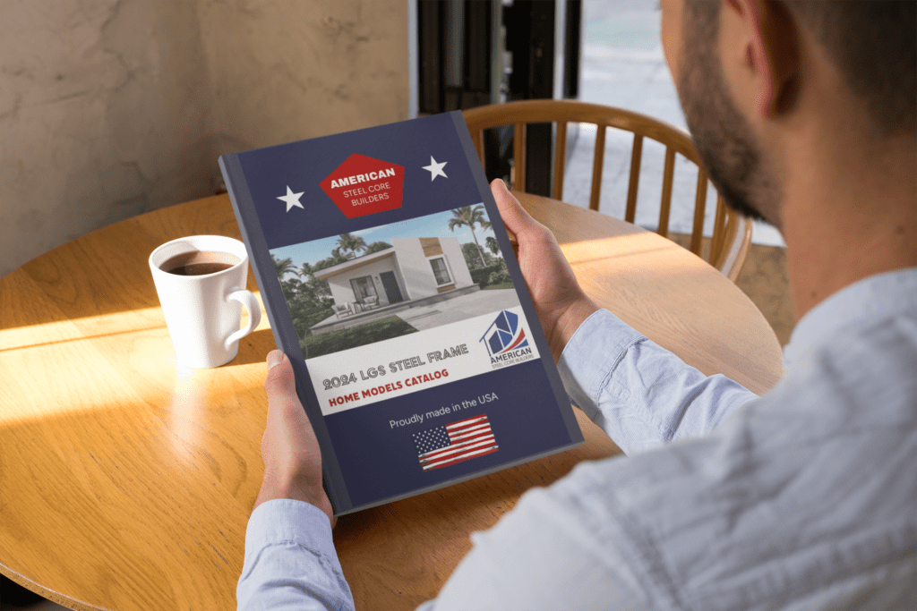 Man holding American Steel Core Builders 2024 Model Homes Catalog